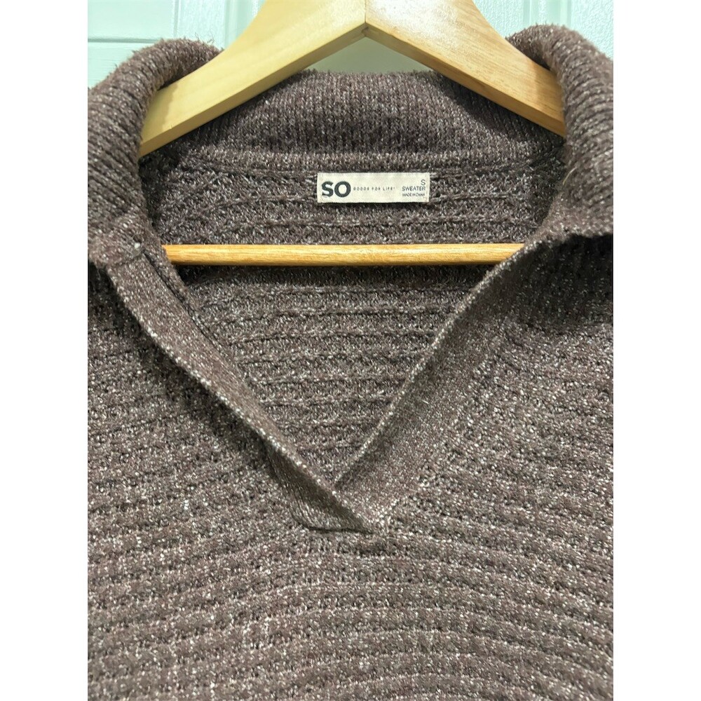 SO Sweater Womens Size S Brown Cropped Pullover Contrast Trim Collared - Picture 3 of 6